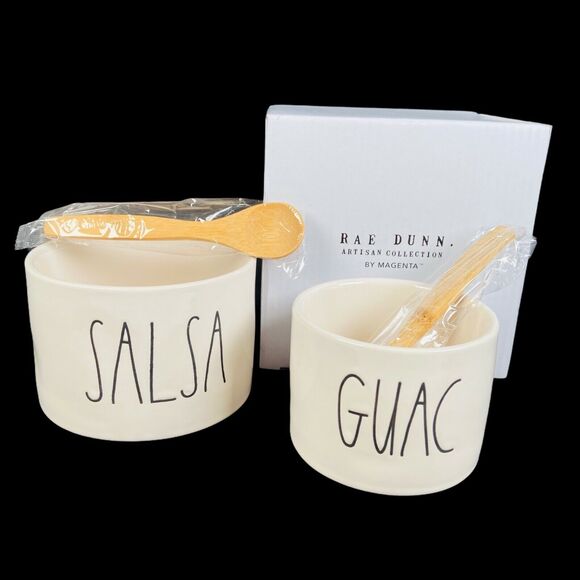 Rae Dunn Guac Salsa Bowl Set and Bamboo Spoons Artisan Collection by Magenta - Picture 2 of 9